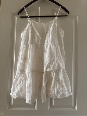 Urban Outfitters White Embroidered Tiered Spaghetti-Strap Mini Dress